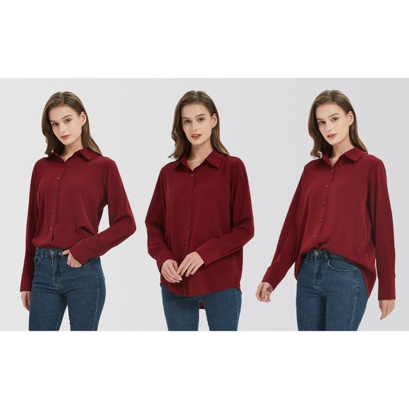 Women's Button Down Shirt Classic Long Sleeve Collared Tops Chiffon Blouse XXL - Picture 2 of 6